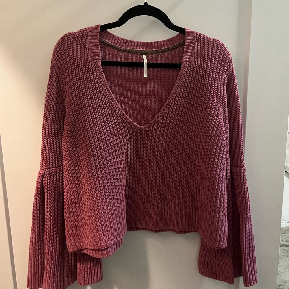 Free People Pink V-Neck Cropped Sweater with Flared Sleeves